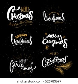Merry Christmas typographic emblems set. Hand drawn lettering, text design. For cards and invitations.