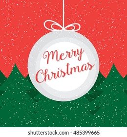 Merry Christmas typographic greeting card design. Holiday graphic vector illustration for xmas logo, labels, postcards, invitations, banners. Red background with christmas tree and snowflakes