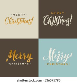 Merry Christmas Typographic Set. Greeting Cards. Pastel Colors and Golden Brush Calligraphic Hand Lettering Text. Retro Design. Vector illustration EPS10