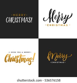 Merry Christmas Typographic Set. Greeting Cards. Pastel Colors and Golden Brush Calligraphic Hand Lettering Text. Retro Design. Vector illustration EPS10