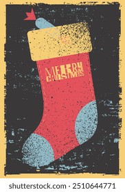 Merry Christmas. Typographic vintage grunge style Christmas card or poster design with Christmas stocking. Retro vector illustration.