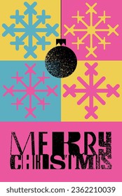 Merry Christmas. Typographic vintage style Christmas card or poster design with Christmas ball and stylized snowflakes. Retro vector illustration.