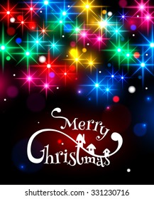 Merry Christmas typographical background with shining blurred bokeh lights and glowing colorful stars. Vector illustration.