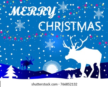 Merry Christmas Typographical On Background With Winter Landscape With Snowflakes, Star, Reindeer. Merry Christmas Card. Vector Illustration