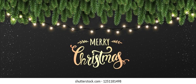 Merry Christmas Typographical on black background with tree branches decorated with stars, lights, snowflakes. Xmas theme. Vector Illustration