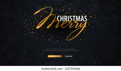 Merry Christmas typographical on dark background with snowflakes. Xmas card. Vector Illustration