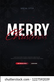 Merry Christmas typographical on dark background with snowflakes. Xmas card. Vector Illustration