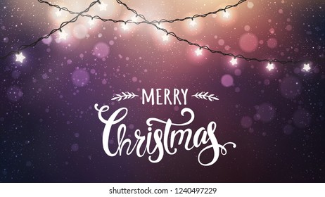 Merry Christmas Typographical on dark background with Xmas decorations glowing white garlands, light, stars. Christmas theme. Vector Illustration