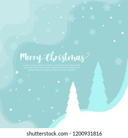 Merry Christmas Typographical on holidays background with winter landscape with snowflakes. Merry Christmas card. Vector Illustration.