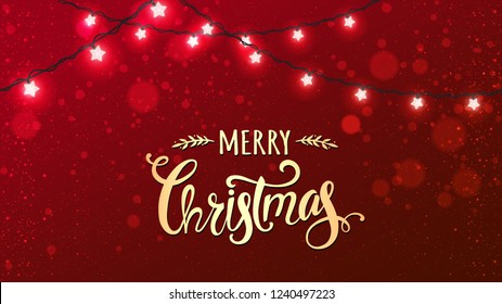 Merry Christmas Typographical on red background with Xmas decorations glowing white garlands, light, stars. Christmas theme. Vector Illustration