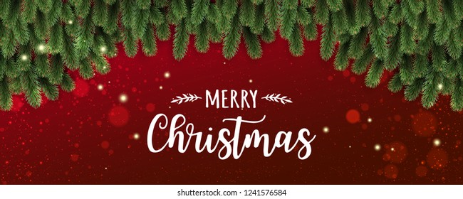 Merry Christmas Typographical on red background with tree branches decorated with stars, lights, snowflakes. Xmas theme. Vector Illustration