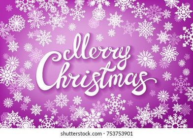 merry Christmas Typographical on shiny Xmas background with snowflakes, light, stars. Vector Illustration. pink card art