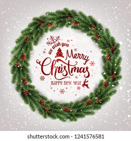 Merry Christmas Typographical on white background with Christmas wreath of tree branches, berries, lights, snowflakes. Xmas theme. Vector Illustration