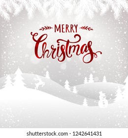 Merry Christmas typographical on white background with winter landscape, snowflakes, light, stars. Xmas card. Vector Illustration