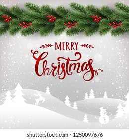 Merry Christmas typographical on white background with garland of Christmas tree branches, winter landscape, snowflakes, light, stars. Xmas card. Vector Illustration