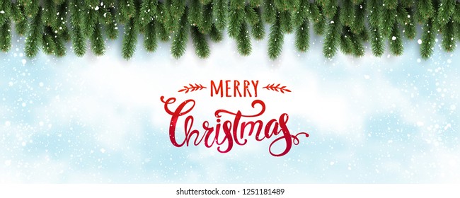 Merry Christmas Typographical on white background with tree branches decorated with stars, lights, snowflakes. Xmas theme. Vector Illustration