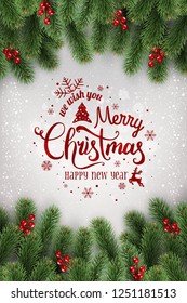 Merry Christmas Typographical on white background with tree branches decorated with berries, lights, snowflakes. Xmas theme. Vector Illustration