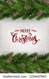 Merry Christmas Typographical on white background with garland of tree branches decorated with stars, lights, snowflakes. Xmas and New Year theme. Vector Illustration