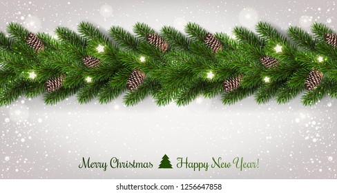 Merry Christmas Typographical on white background with garland of tree branches decorated with stars, lights, snowflakes. Xmas and New Year theme. Vector Illustration