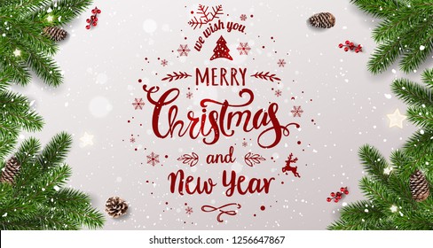 Merry Christmas Typographical on white background with tree branches, berries, gift boxes, stars, pine cones. Xmas and New Year theme. Vector Illustration