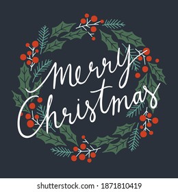Merry Christmas Typographical on Christmas Wreath. Merry Christmas and Happy Holiday for greeting card. Isolated vector illustration.