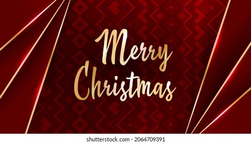 Merry Christmas typographical test on red rhombus pattern background with gold lines frame. Vector illustration in red and gold. Xmas card. Golden text Merry Christmas holiday shiny greeting card.