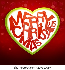 Merry christmas typography background. Winter holidays illustration. Heart shape typography. Colorful wallpaper. Holidays banner, invitation card.