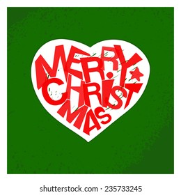 Merry christmas typography background. Winter holidays illustration. Heart shape typography. Colorful wallpaper. Holidays banner, invitation card.