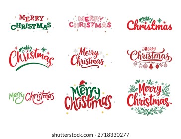 Merry Christmas Typography and Calligraphy Text Set. Vector Hand Lettering Quotes with Santa Hat and Hanging Ornaments for Greeting Cards Overlay.