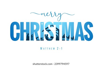 Merry Christmas typography card with nativity scene. Text merry Christmas isolated on white background with wise men, shepherd, Jesus in manger and holy family. Vector illustration