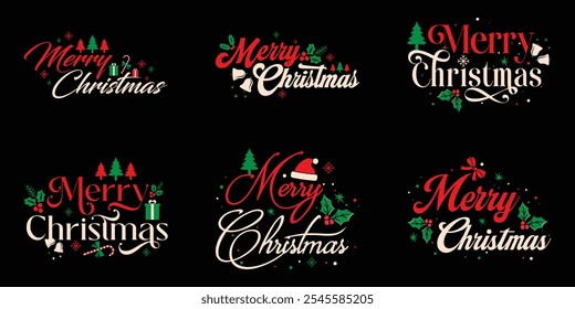 Colección de tipografía de Navidades alegres. Texto de caligrafía de escritura a mano Conjunto de Navidades felices. Conjunto de inscripción de escritura a mano de Navidades alegres. Utilizable para los Anuncios, tarjetas de felicitación, regalos, decoración, Vector