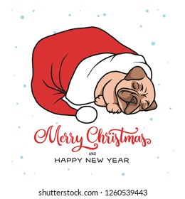 Merry Christmas typography with cute pug dog sleeping in santa claus hat. Vector illustration.