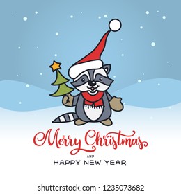 Merry Christmas typography with cute raccoon baby animal in santa claus hat. Vector illustration.