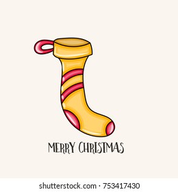 Merry Christmas typography. Decoration sock for presents cartoon style vector illustration.