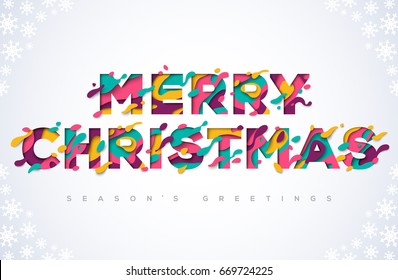 Merry Christmas typography design with abstract paper cut shapes. Vector illustration. Colorful carving art. Xmas poster or greeting card on light background with snowflakes