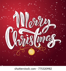 Merry Christmas typography design on red background with Christmas tree ball. Vector illustration. Merry Christmas lettering on snowy background. Template for a poster, cards, banner.