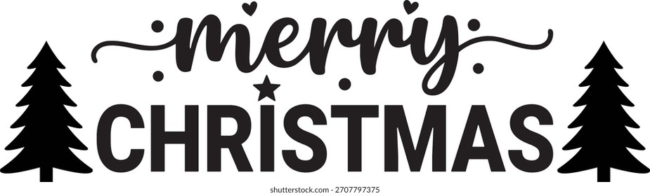 Merry Christmas Typography Design with Pine Trees: Festive Holiday Lettering, Decorative Banner Vector
