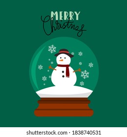 Merry Christmas typography design with snowball and snowman vector isolated on green background 