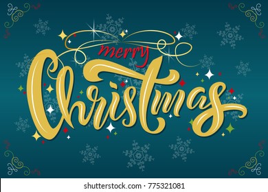 Merry Christmas typography design with sparkles and bow. Vector illustration in retro style. Merry Christmas lettering with snowflakes. Template for a poster, cards, background.