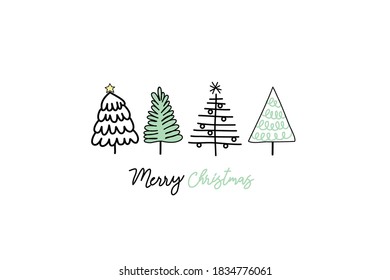 Frohe Weihnachtstypografie-Design mit Weihnachtsbaumvektor im Doodle-Stil einzeln auf weißem Hintergrund 