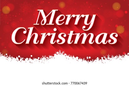 Merry Christmas typography design. Vector greeting illustration with white text with beautiful long shadows on red background decorated with snowflakes and shining light, festive abstract background.