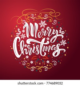 Merry Christmas typography design. Vector illustration with embroidered style objects. Merry Christmas ball with sparkles and ornamental elements. Template for a poster, cards, background. Lettering.