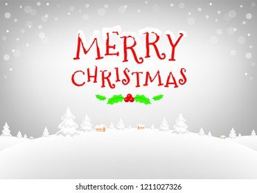 Merry Christmas typography design with winter landscape. Illustration for greeting cards, banner and poster.