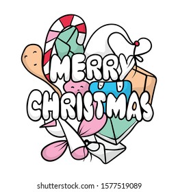 merry christmas typography with doodle art, in pink, red and blue