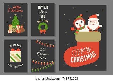 Merry Christmas typography and elements with greeting card template such as Santa Claus and snowman in sock, Christmas wreath, pile of present boxes, gift box, LED Christmas lights  in flat design