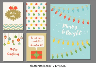 Merry Christmas typography and elements, seamless pattern and greeting card template for holidays