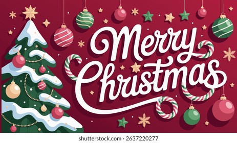 Merry Christmas typography with festive ornaments and candy cane
