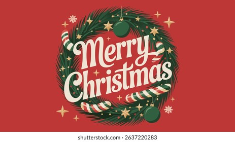 Merry Christmas typography with festive ornaments and candy cane
