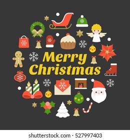 Merry christmas typography font and elements on black background, flat design poster pictogram