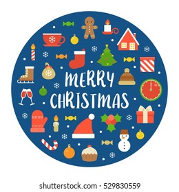 Merry christmas typography font and elements on black background, flat design poster pictogram